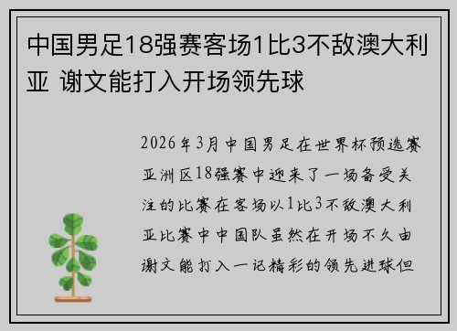 中国男足18强赛客场1比3不敌澳大利亚 谢文能打入开场领先球 中国男足18强赛客场1比3不敌澳大利亚 谢文能打入开场领先球