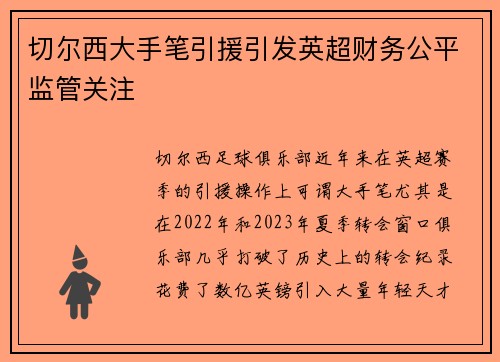 切尔西大手笔引援引发英超财务公平监管关注